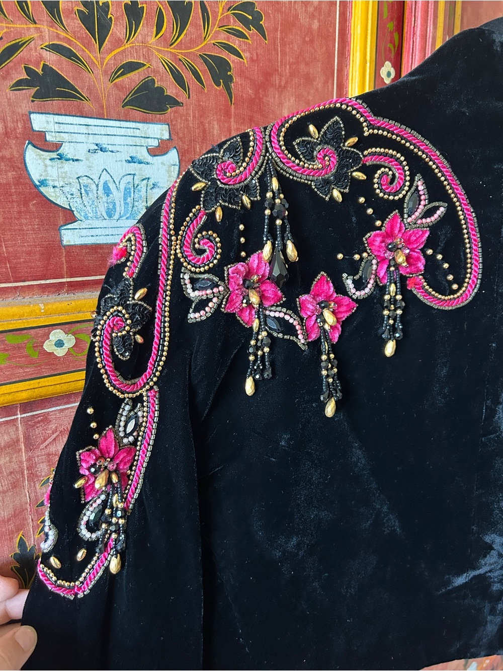 Embellished Black Velvet Bolero Jacket with Pink Beadwork - Picture 6 of 8
